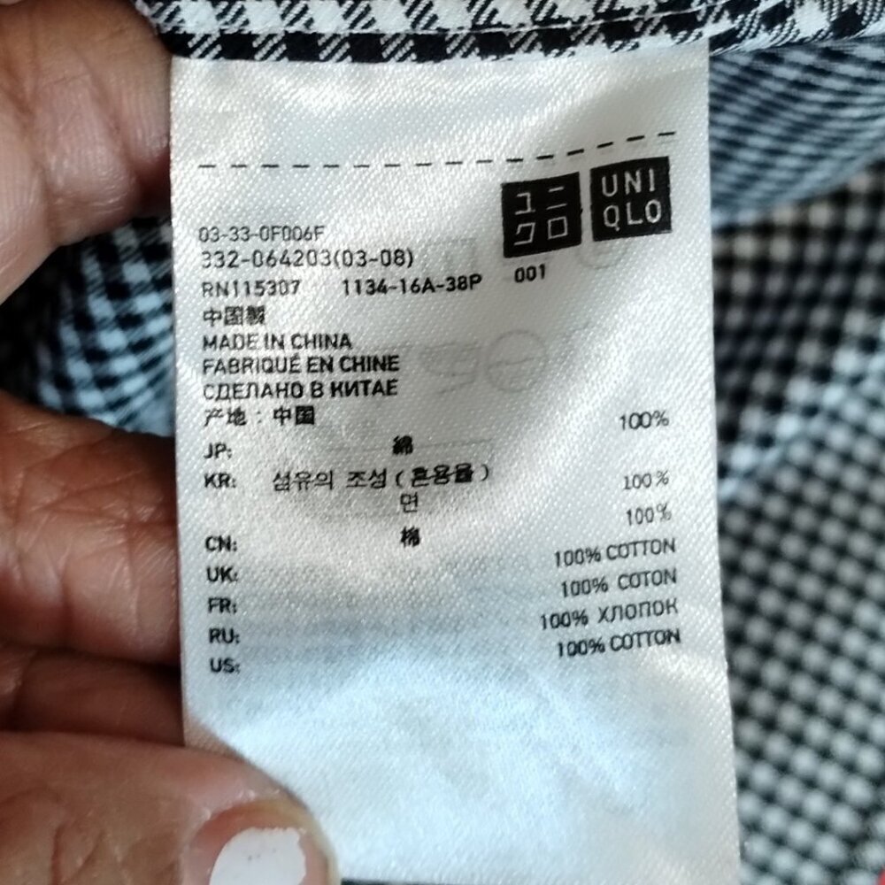 Uniqlo Fine Cloth Gingham Long-Sleeve Men Shirt 100% Cotton Black/White Large - Picture 4 of 11